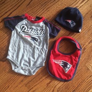 Patriots baby onsie, winter hat and bib
